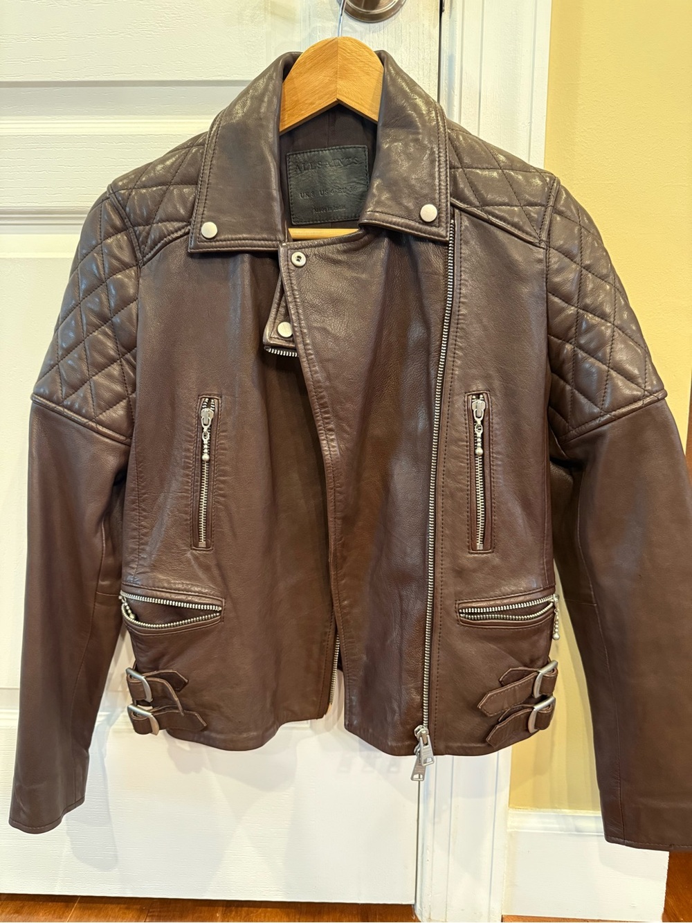 All Saints Ox Blood Quilted Leather Biker Jacket